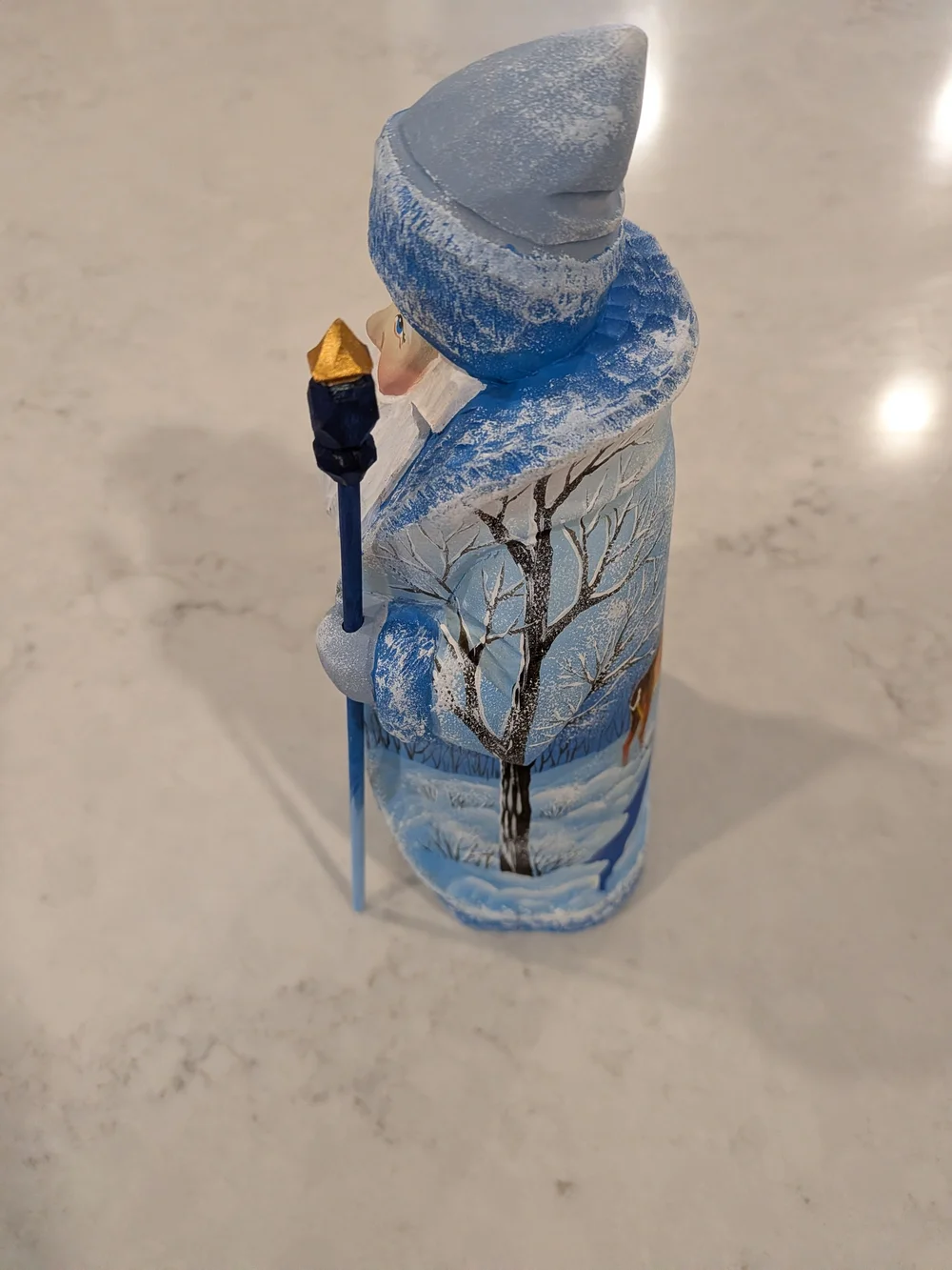 Wood Hand Carved & Painted Blue Santa Figurine Holiday Decoration 9.5